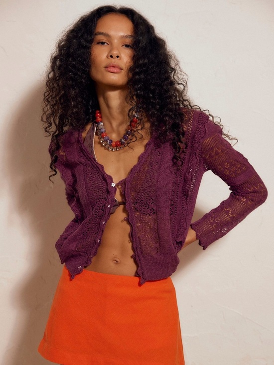 Free People Sweaters - Free People Boho Crochet Knit Cardigan Plum Lace Tie Front Long Sleeve